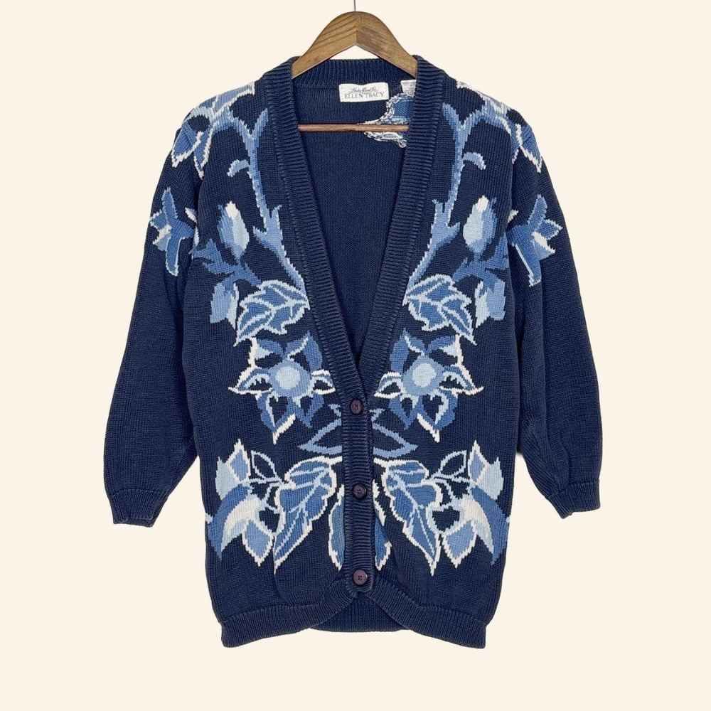 Vintage Ellen Tracy Blue Floral Cotton Cardigan